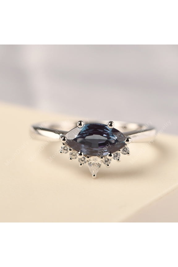 Lab Created Alexandrite crown wedding ring solid silver marquise cut color changing gemstone evil eye ring June birthstone