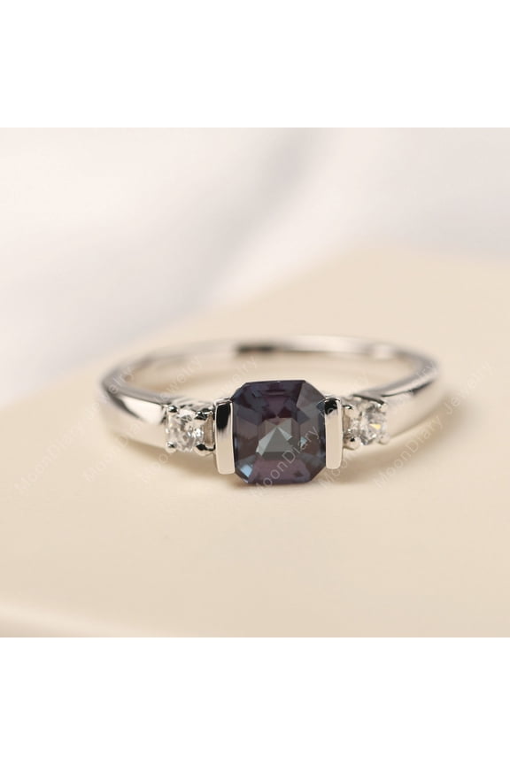 Lab Created Asscher cut engagement ring alexandrite wedding ring color changing stone June birthstone