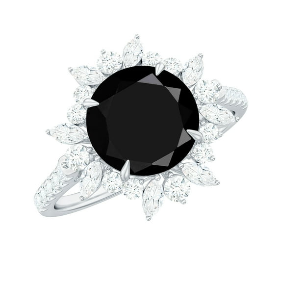 Rosec Jewels Lab Created Black Diamond Cocktail Ring with Moissanite, Nature Inspired Floral Ring, 14K White Gold, US 8.00