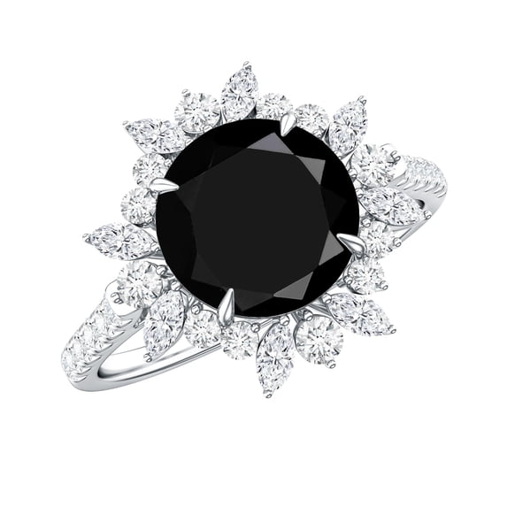 Lab Created Black Diamond Cocktail Ring with Moissanite, Nature Inspired Floral Ring, 14K White Gold, US 8.00