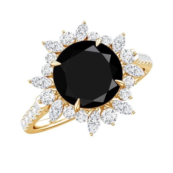 Lab Created Black Diamond Cocktail Ring with Moissanite, Nature Inspired Floral Ring, 18K Yellow Gold, US 11.50