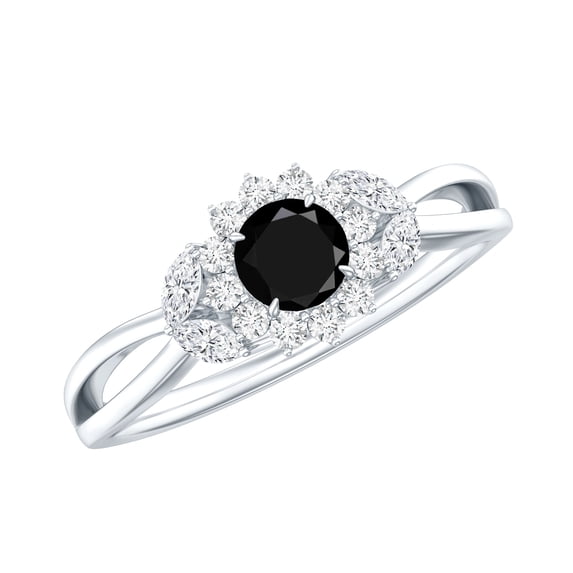 Rosec Jewels Lab Created Black Diamond Floral Ring with Diamond for Women (AAAA Quality), 18K White Gold, US 9.50