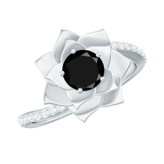 Rosec Jewels Lab Created Black Diamond Flower Ring with Diamond for Women - Bypass Ring, 10K White Gold, US 12.50