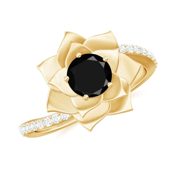Rosec Jewels Lab Grown Black Diamond Flower Engagement Ring (0.8 Ct, AAAA Grade) - Black and White Diamond Ring - with Jewelry Box, 18K Yellow Gold, US 7.00