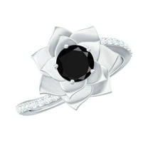 Rosec Jewels Lab Created Black Diamond Flower Ring with Diamond for Women - Bypass Ring, 925 Sterling Silver, US 4.00