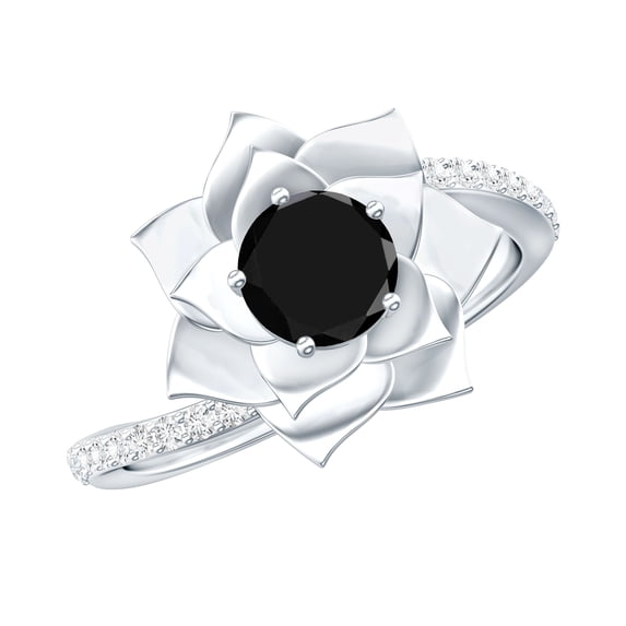 Rosec Jewels Lab Grown Black Diamond Flower Engagement Ring (0.8 Ct, AAAA Grade) - Black and White Diamond Ring - with Jewelry Box, 925 Sterling Silver, US 4.00