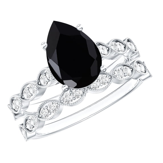 Rosec Jewels Lab Grown Black and White Diamond Wedding Ring Set - 4.8 Carat Pear Shape Engagement Ring with Band - AAAA Grade, 10K White Gold, US 13.00