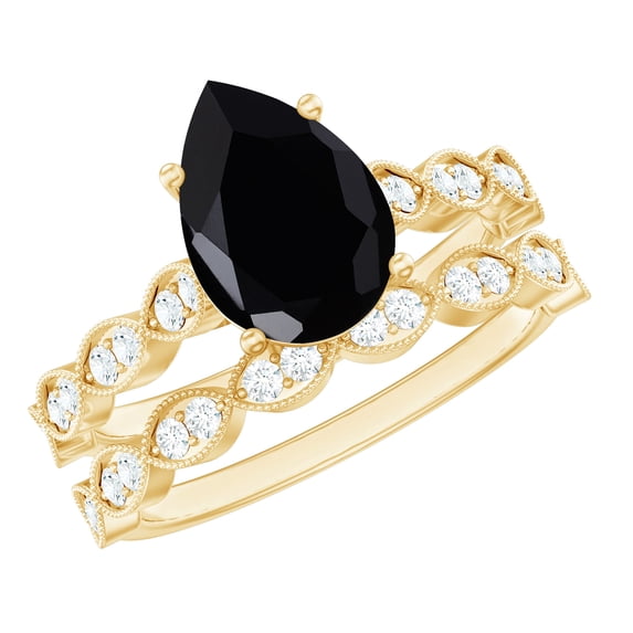 Rosec Jewels Lab Grown Black and White Diamond Wedding Ring Set - 4.8 Carat Pear Shape Engagement Ring with Band - AAAA Grade, 10K Yellow Gold, US 9.00