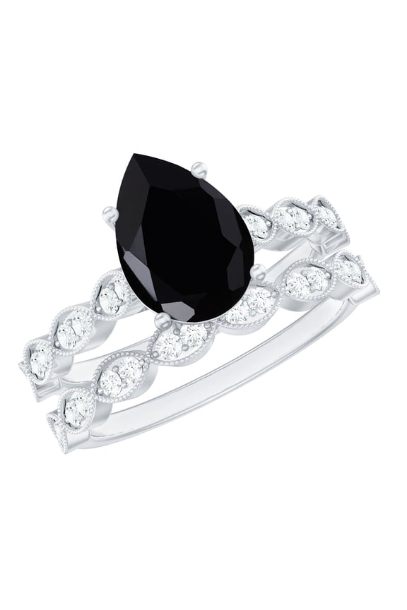 Lab Created Black Diamond Wedding Ring Set - 8X10 mm Pear Shaped Engagement Ring with Wedding Band - AAAA Quality, 925 Sterling Silver, US 10.00