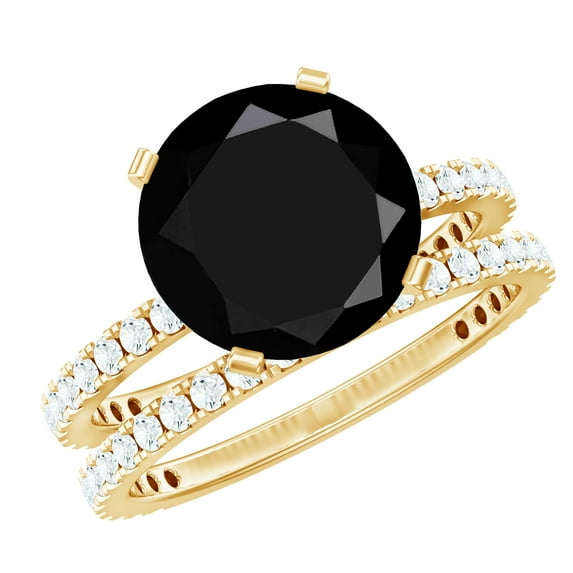Rosec Jewels Lab Created Black Diamond Solitaire Ring Set with Moissanite for Women (10 mm), 18K Yellow Gold, US 6.50