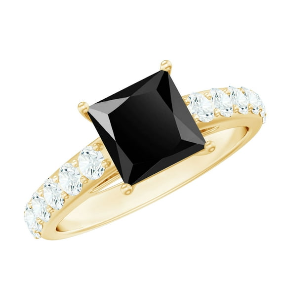Rosec Jewels Lab Grown Black Diamond Princess Cut Engagement Ring with Side Stones - 6 mm - AAAA Quality - with Jewelry Box, 18K Yellow Gold, US 6.50