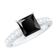 Rosec Jewels Lab Grown Black Diamond Princess Cut Engagement Ring with Side Stones - 1 Carat - AAAA Quality - with Jewelry Box, 925 Sterling Silver, US 4.50