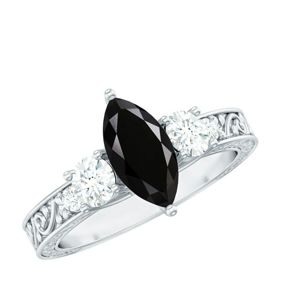 Lab Created Black Diamond Solitaire Ring with Moissanite Side Stones - AAAA Grade, 10K White Gold, US 9.00