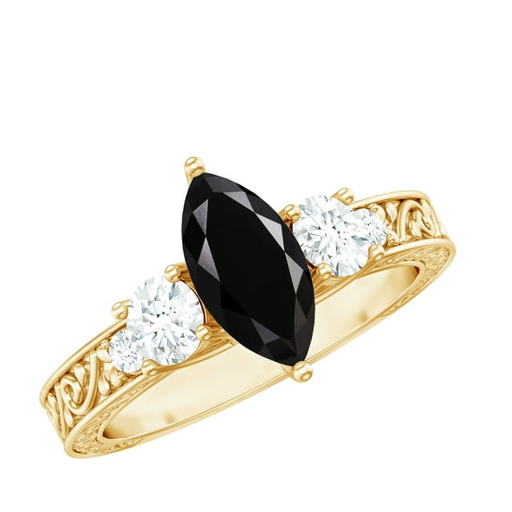 Lab Created Black Diamond Solitaire Ring with Moissanite Side Stones - AAAA Grade, 18K Yellow Gold, US 5.50