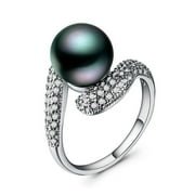 PINK PEARL JEWELRY Lab Created Black Pearl CZ. Ladies Fashion Ring. Silver Plated. Size 6.