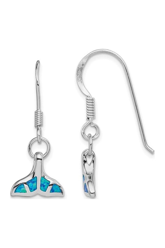 Lab-Created Blue Opal Dolphin Tail Shepherd Hook Earrings in Sterling Silver for Women