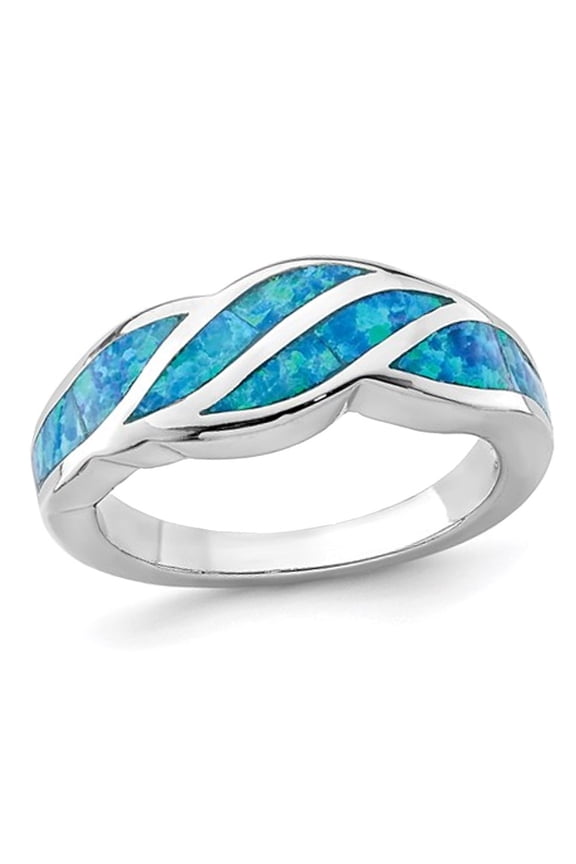 Gem & Harmony Lab Created Blue Opal Inlay Wave Ring in Sterling Silver for Women