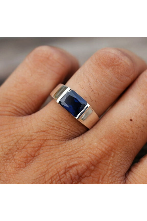Lab Created Blue Sapphire 925 Sterling Silver Ring Solitaire Men's Gift Him 14K White Gold Plated