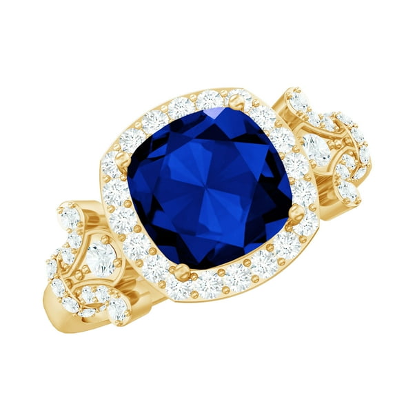 Rosec Jewels Lab Created Blue Sapphire Halo Ring with Diamond for Women - 8 mm, 10K Yellow Gold, US 5.00