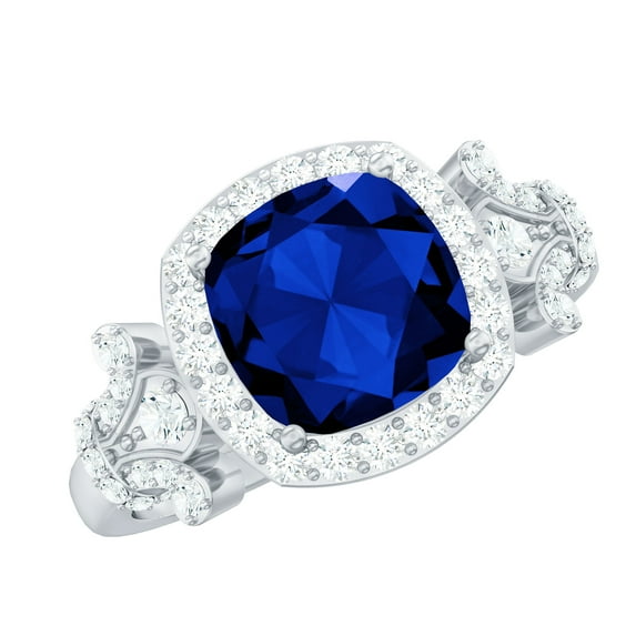 Rosec Jewels Lab Created Blue Sapphire Halo Ring with Diamond for Women - 8 mm, 18K White Gold, US 6.50