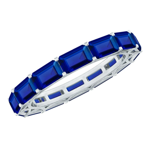 Rosec Jewels Emerald Cut Lab Grown Blue Sapphire Eternity Band Ring - Wedding Anniversary Ring in East West Style - AAAA Quality, 10K White Gold, US 7.50