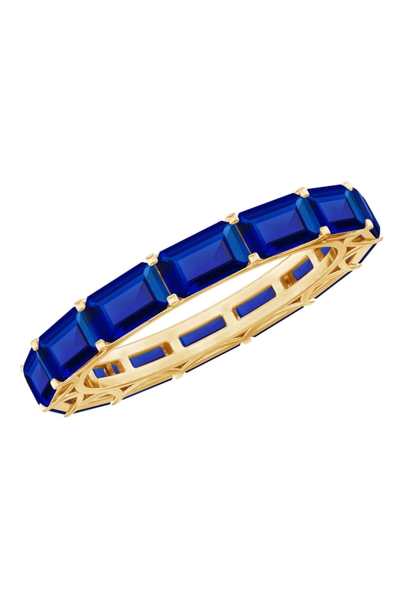 Emerald Cut Lab Grown Blue Sapphire Eternity Band Ring - Wedding Anniversary Ring in East West Style - AAAA Quality, 14K Yellow Gold, US 3.00