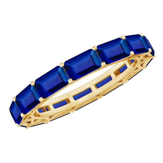 Rosec Jewels Emerald Cut Lab Grown Blue Sapphire Eternity Band Ring - Wedding Anniversary Ring in East West Style - AAAA Quality, 18K Yellow Gold, US 12.00