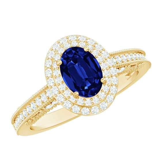 Rosec Jewels Lab Created Blue Sapphire Ring with Diamond Double Halo - 5X7 mm, 18K Yellow Gold, US 5.50