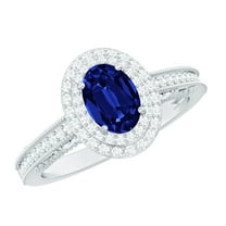 Rosec Jewels Lab Created Blue Sapphire Ring with Diamond Double Halo - 5X7 mm, 925 Sterling Silver, US 4.00