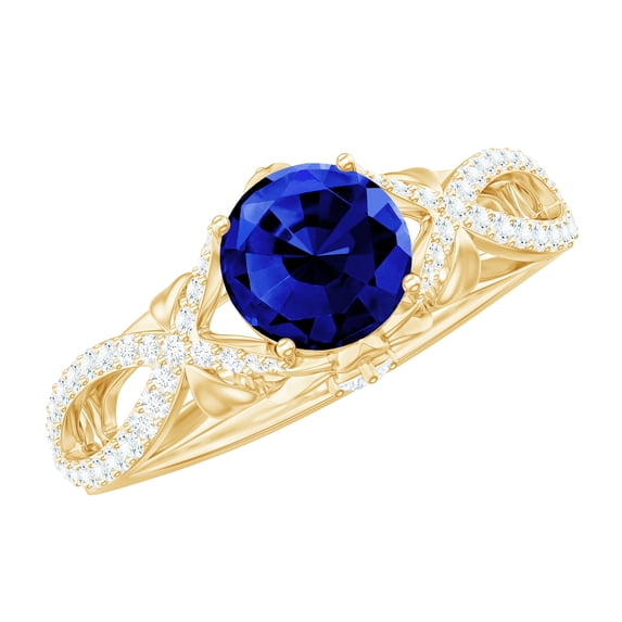 Rosec Jewels Lab Created Blue Sapphire Ring with Diamond for Women, Crossover Ring, 14K Yellow Gold, US 3.00