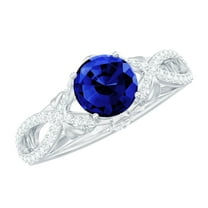 Rosec Jewels Lab Created Blue Sapphire Ring with Diamond for Women, Crossover Ring, 925 Sterling Silver, US 4.00