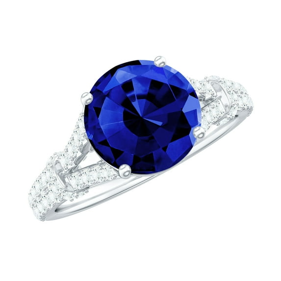 Rosec Jewels Certified Lab Grown Blue Sapphire Engagement Ring - 8 mm - AAAA Grade Blue Sapphire Diamond Ring - with Jewelry Box, 925 Sterling Silver, US 4.00