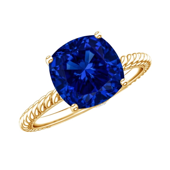 Rosec Jewels Lab Grown Blue Sapphire Cushion Cut Engagement Ring (2.7 Carat, AAAA Quality) - Blue Sapphire Diamond Ring for Women, 14K Yellow Gold, US 5.50
