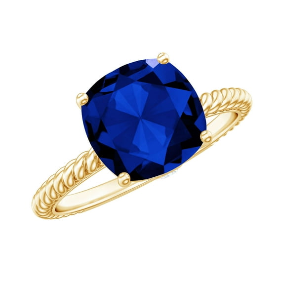 Rosec Jewels Lab Grown Blue Sapphire Engagement Ring (8 mm Cushion Cut, AAAA Grade) - Blue Sapphire Diamond Ring for Women, 14K Yellow Gold, US 5.50