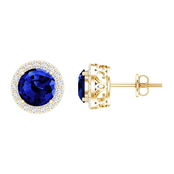 Rosec Jewels Lab Grown Blue Sapphire Stud Earrings for Women - 6 mm - AAAA Grade - Sapphire Moissanite Earrings with Screw Back, 18K Yellow Gold