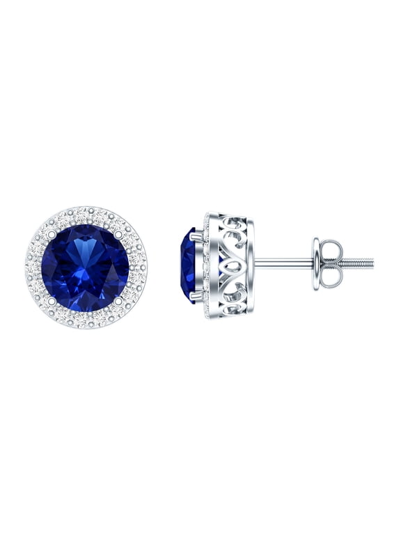 Certified Lab Created Blue Sapphire Halo Earrings with Screw on Backs - Silver Sapphire Earrings for Women