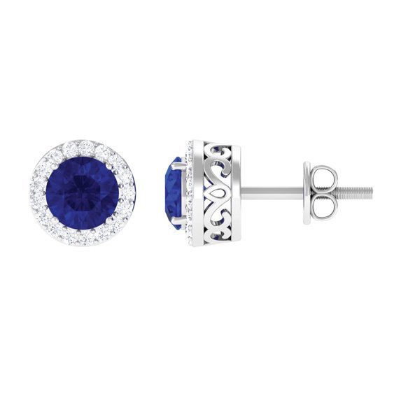 Lab Created Blue Sapphire Stud Earrings with Moissanite Halo - 6 mm - AAAA Quality, 925 Sterling Silver