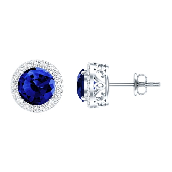 Rosec Jewels - Lab Created Blue Sapphire Halo Earrings with Screw on Backs - Silver Sapphire Earrings Studs for Women - September Birthstone