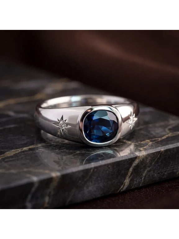 Lab Created Blue Teal Sapphire and Moissanite Men's Ring, Celestial Starburst Band, 925 Sterling Silver Signet Ring, September Birthstone Gift