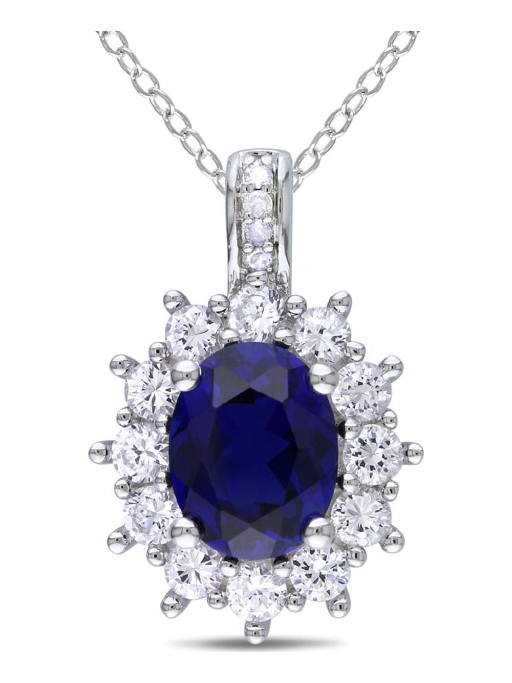 GEM AND HARMONY Lab-Created Blue & White Sapphire Pendant Necklace with Accent Diamonds 4.0 Carat (Ctw) in Sterling Silver