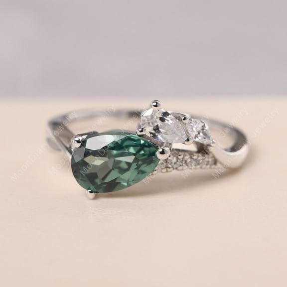 Lab Created Custom cluster emerlad ring sterling silver feather ring pear shaped May birthstone ring