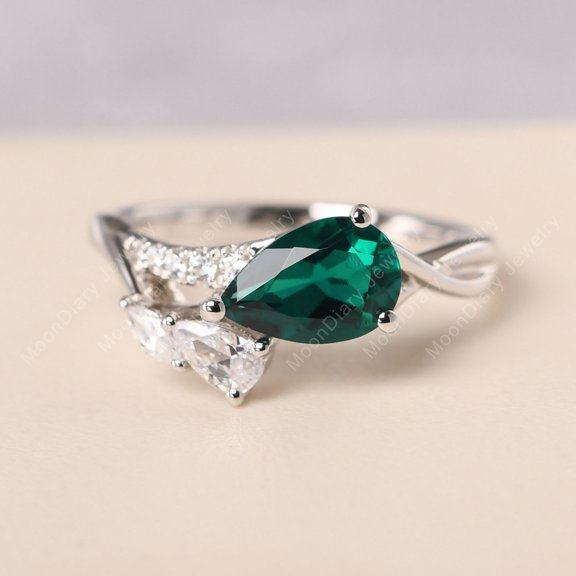 Lab Created Custom cluster emerlad ring sterling silver feather ring pear shaped May birthstone ring