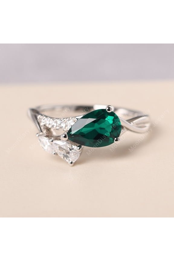 Lab Created Custom cluster emerlad ring sterling silver feather ring pear shaped May birthstone ring