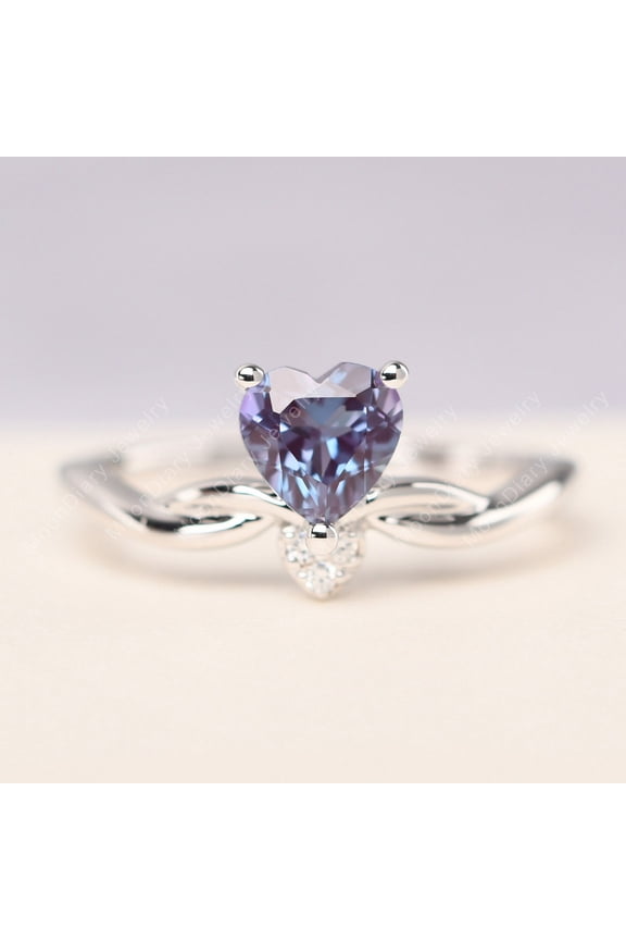 Lab Created Delicate alexandrite twist wedding ring heart cut color changing June birthstone ring