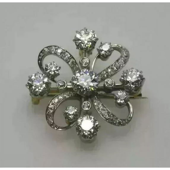 Lab Created Diamond 2Ct Round Cut Charm Flower Brooch Pin For Wedding 14K White Gold Plated 925 Silver