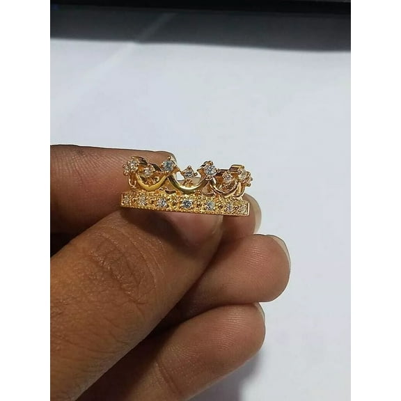 Lab Created Diamond 2Ct Round Women Crown Engagement Ring 14K Yellow Gold Plated 925 Sterling Silver