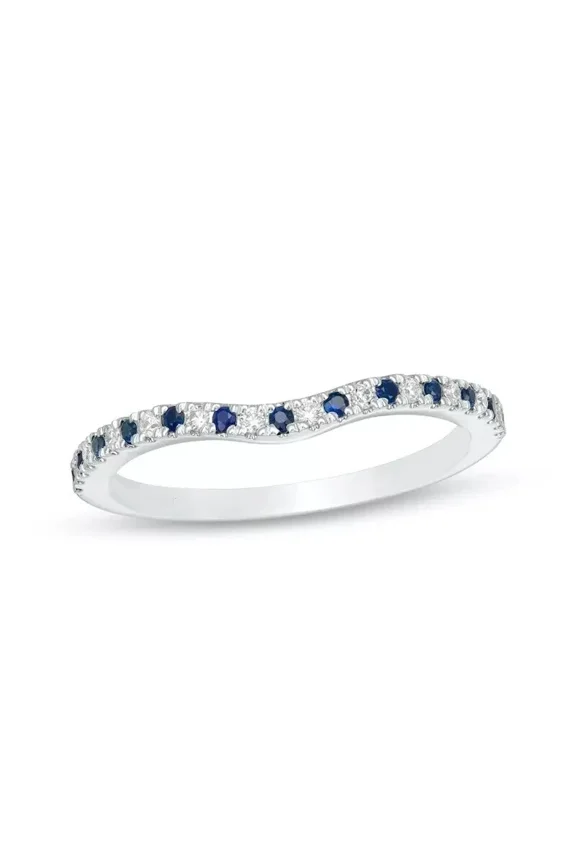 Lab Created Diamond & Blue Sapphire Contour Wedding Band Ring in 14k White Gold Plated