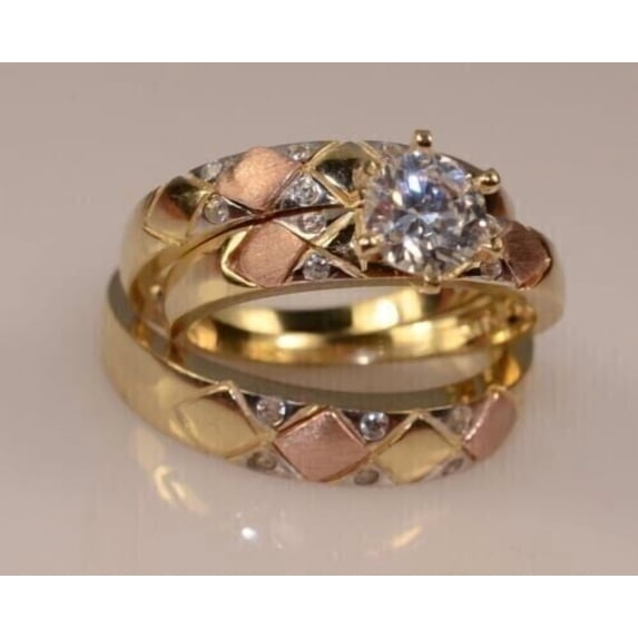 Lab Created Diamond His Her Trio Solitaire Ring & Band Set 14K Yellow Gold Plated Solid 925 Sterling Silver
