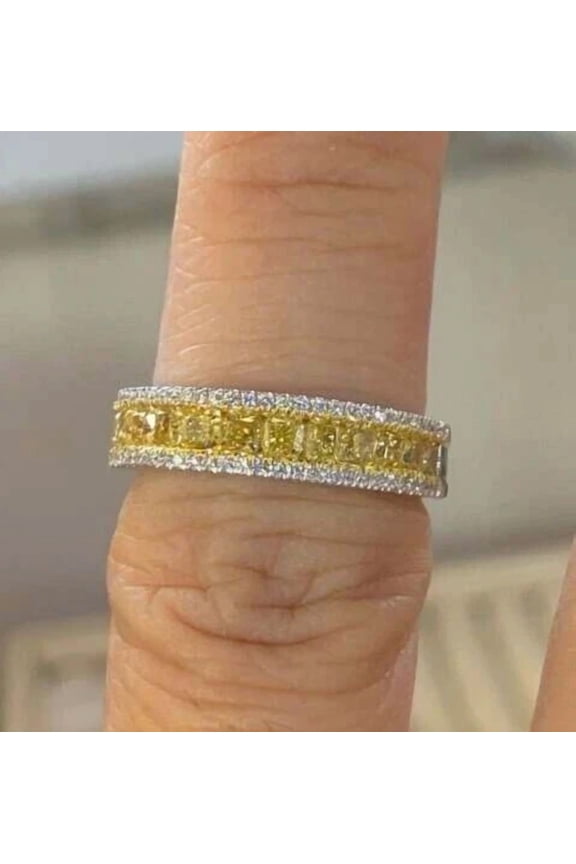 Lab-Created Diamond Princess Cut Women's Promise Canary Full Eternity Band Ring in 14k White Gold Plated