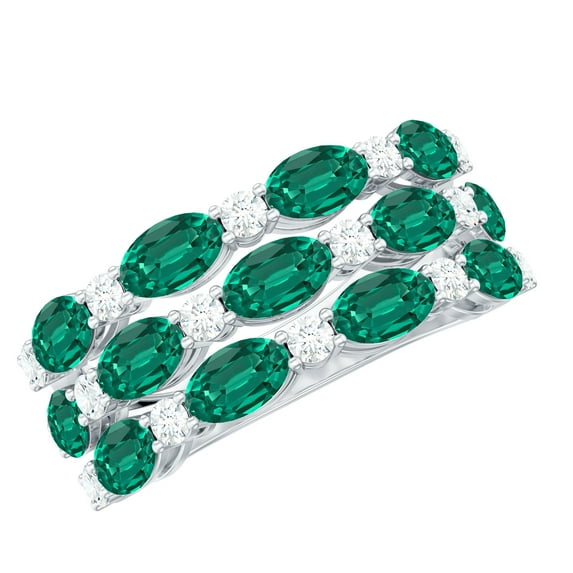 Rosec Jewels Lab Grown Emerald 3 Row Wedding Band for Women - AAAA Quality - Certified Emerald Diamond Ring - with Jewelry Box, 14K White Gold, US 7.00